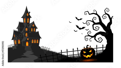 Spooky Halloween Silhouette: An eerie haunted house and a menacing pumpkin illuminate a creepy scene against a dusky backdrop, symbolizing the spirit of the spooky festival. 