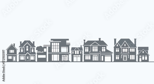 A simple silhouette of a row of small town or suburban houses and buildings against a textured, light gray background.