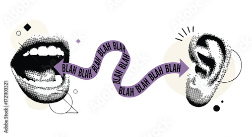 Illustration of a mouth speaking 'blah blah blah' towards an ear, symbolizing communication or lack thereof.