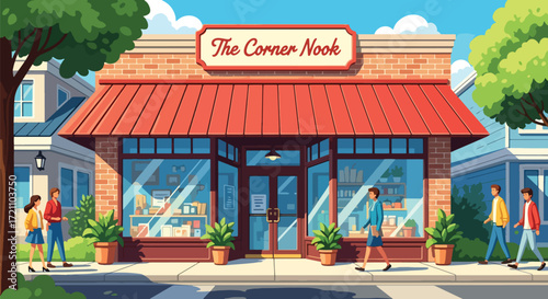 A charming and detailed cartoon illustration of a friendly neighborhood corner store with a red awning and large display windows.