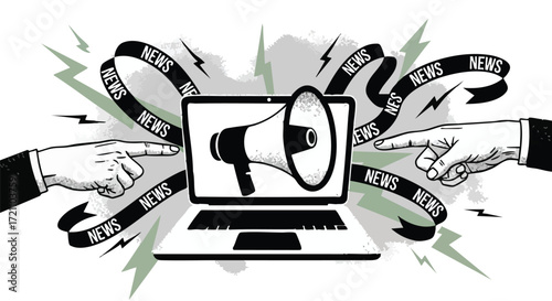 Illustration of a laptop with a megaphone on the screen, surrounded by news banners and pointing fingers.