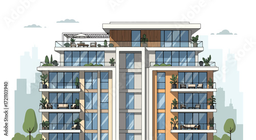 A detailed vector illustration of a modern, multi-story apartment building with balconies, large windows, and contemporary architectural design.