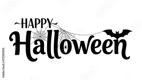 Spooky Halloween Greeting: A festive Halloween greeting. A spooky web, bat, with Happy Halloween text in an ominous black.