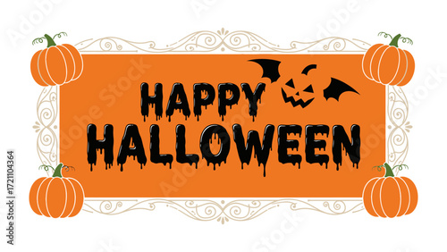 Happy Halloween Text With Orange Frame: A spooky Happy Halloween banner, framed by orange pumpkins and gothic style design that will add frightful flair to your celebration.