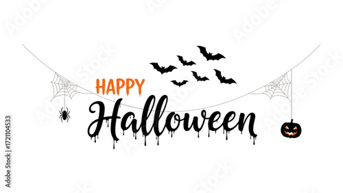 Halloween banner and its decoration : A spooky, fun-filled Halloween-themed banner, featuring the words Happy Halloween adorned with iconic symbols such as spiderwebs, a spooky pumpkin.