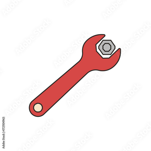Vibrant red wrench securely grips a grey hexagonal nut, symbolizing essential mechanical repair and maintenance tasks.