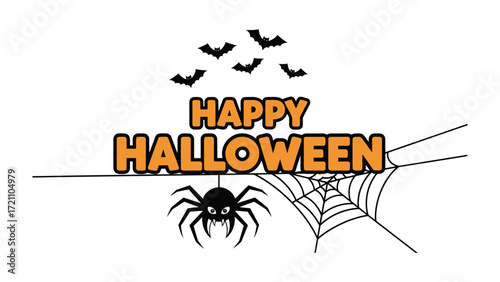 Spooky Halloween Illustration: A festive and frightening scene, with a large orange Happy Halloween banner, silhouetted bats, a spider.