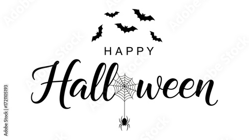 Spooky Halloween Graphic Design: A meticulously crafted, minimalistic design features Happy Halloween in elegant cursive script, complemented by iconic symbols of bats, spiderwebs, and a spider.