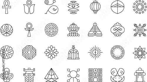 Diverse cultural symbol collection evokes global heritage and artistic expression, perfect for design projects needing unique, authentic elements