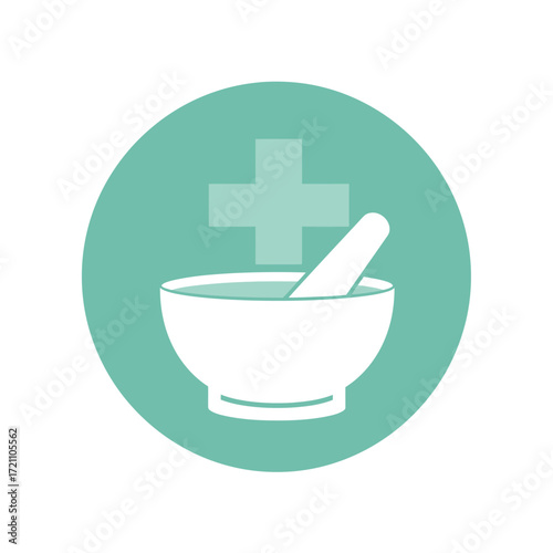 Traditional pharmacy mortar and pestle with medical cross symbol icon in a teal green circle representing natural health and herbal remedies