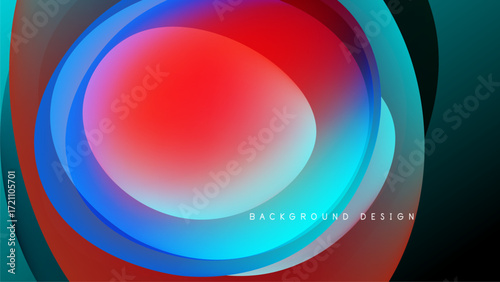 Abstract layers create vibrant circular design. Blue, red, turquoise blend into dark background. Modern aesthetic, smooth gradients present.