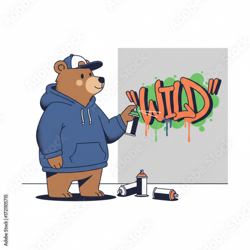 An anthropomorphic brown bear character wearing a hoodie and cap creates colorful wild graffiti art with spray paint on a city wall