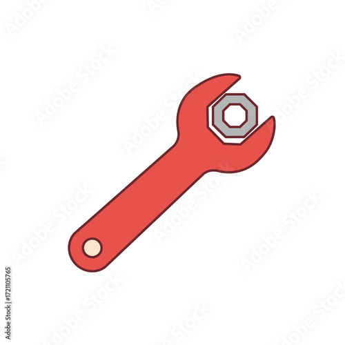 Essential Red Wrench Tool Securely Gripping a Gray Hexagonal Nut, Symbolizing Repair, Maintenance, and Mechanical Engineering Hardware.