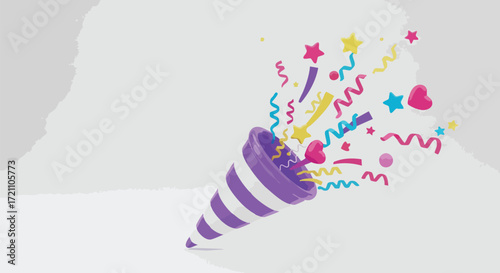 A 3D rendering of a party popper exploding with colorful confetti and decorations.
