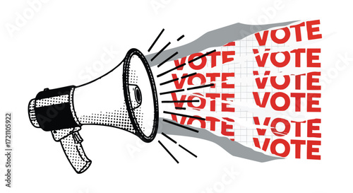 Dynamic megaphone announces 'VOTE' repeatedly, urging civic participation and democratic engagement in a bold, graphic style