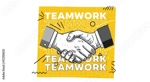 Teamwork handshake illustration on yellow background with text.