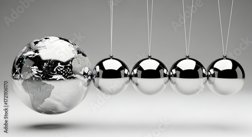 Newton’s cradle with polished globe impact ball showing global business momentum and cause‑and‑effect in world economy