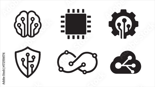 Technology Circuit Icons Set – Artificial Intelligence, Cloud, Cybersecurity, Chip, DevOps, Gear Vector Symbols