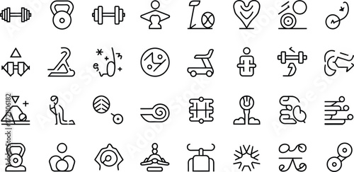 Modern fitness icons for wellness brands, gyms, and health apps: Simple line art for a healthy lifestyle and workout routines, scalable vector elements