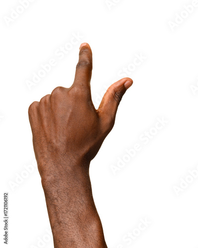 A hand making an “L” shape with the index finger pointing upward and the thumb extended outward, isolated on a transparent background. Commonly used for gestures like 