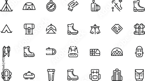 Essential camping gear icons for outdoor adventures, hiking, and nature exploration. Simple, clean line art perfect for web design and print materials