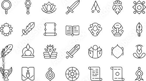 Magical elements and fantasy icon set perfect for adventure games, storytelling, and creative projects, scalable vector art for versatile design needs