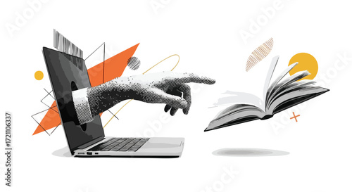 A hand emerging from a laptop screen reaches out to a floating open book, symbolizing digital learning and knowledge transfer.
