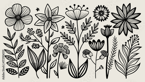 Simple black line drawings of various flowers and plants, graceful organic forms, versatile minimalist aesthetics, perfect for elegant branding, invitations, or creative projects needing refined 