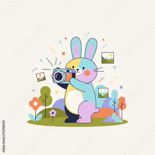 Adorable cartoon rabbit photographer capturing memories with a camera in a vibrant, stylized nature setting. Whimsical vector illustration