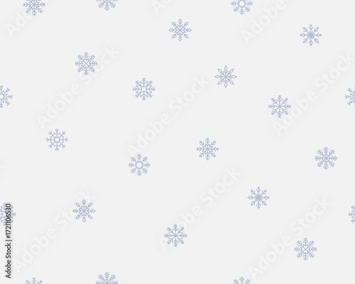 Snow pattern, seamless design with snowflakes. Endless winter background, Christmas texture, repeating print. Festive seasonal snowy backdrop for textile, wrapping, wallpaper. Flat vector illustration