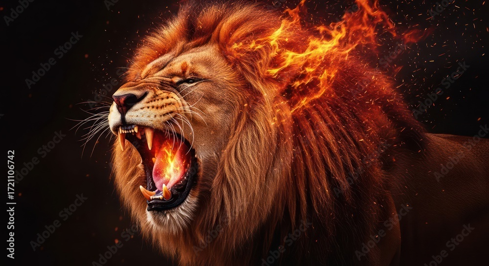 Naklejka premium Magnificent lion portrait with a fiery mane showcasing strength and untamed beauty