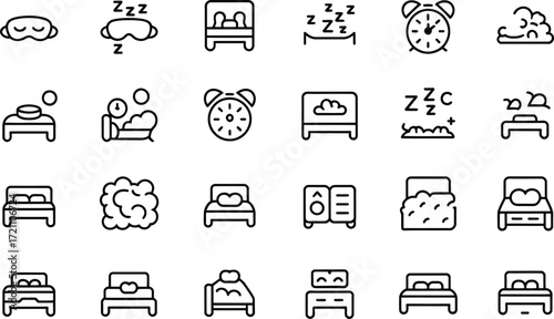 Cozy bedroom icons for restful sleep and relaxation, perfect for wellness apps and sleep aid products, designed with a modern minimalist style