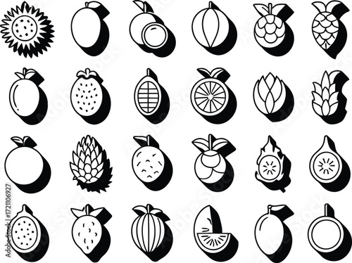 Fresh fruit assortment, trendy minimalist icons for healthy lifestyle, clean eating, and vibrant summer designs. Ideal for food blogs and wellness brands