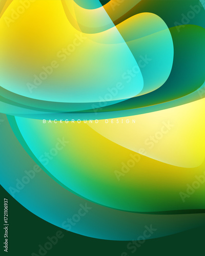 Abstract flowing shapes, vibrant yellow, green, turquoise hues. Smooth gradients create dynamic background design. Modern, elegant aesthetic.
