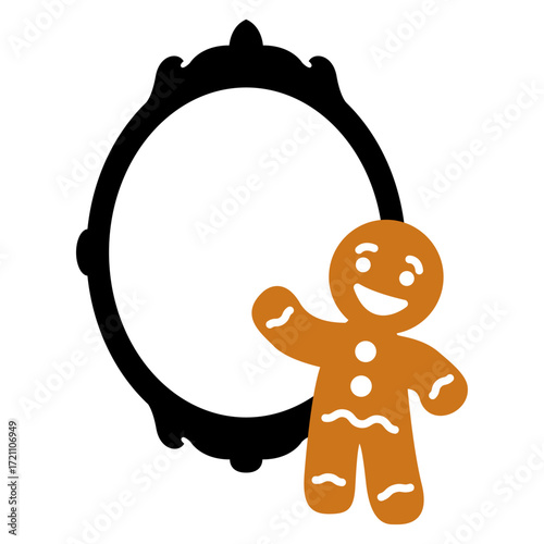 Logo con silueta de marco ovalado de espejo decorativo con hombre de pan de jengibre para tarjetas y felicitaciones de Navidad 