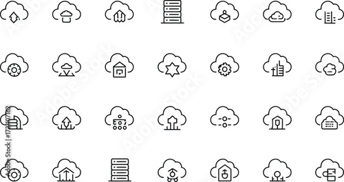 Elegant cloud computing icons for modern technology solutions, showcasing data storage, networking, and seamless connectivity for business needs