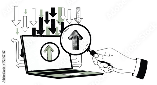 Analyze business growth trends with a magnifying glass over upward arrows on a laptop screen, symbolizing data analysis and success.
