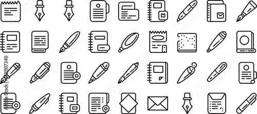 Assorted stationery vector icons for modern office. Pens, notebooks, and documents representing organization, communication, and efficient workflow solutions
