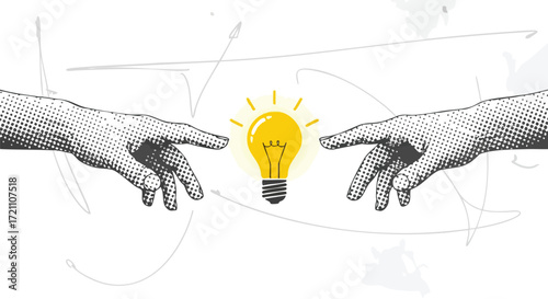 Two hands reaching towards a glowing lightbulb, symbolizing the creation of an idea, innovation, and collaboration.