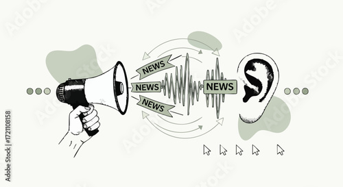 Illustration depicting the dissemination of news from a megaphone to an ear, symbolizing communication.