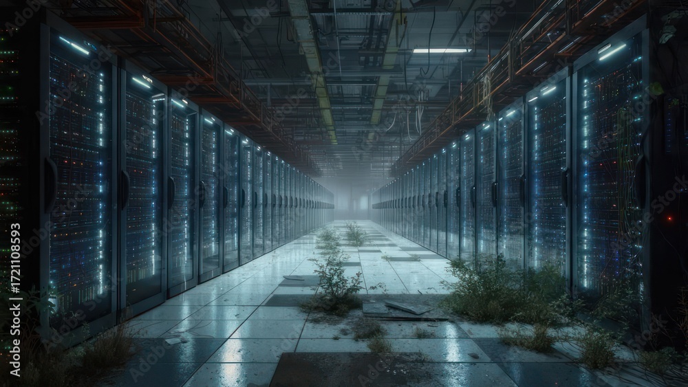 Obraz premium Server room with overgrown plants and technology