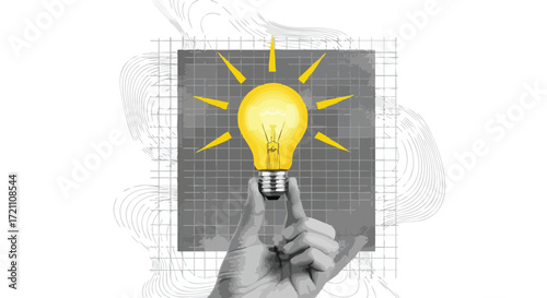 A hand in black and white holds a bright yellow lightbulb, a concept for ideas, innovation, and creativity against a graphic background.