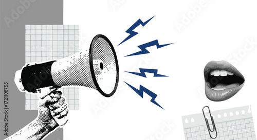 Dynamic announcement with megaphone projection and open mouth conveying powerful message, perfect for advertising or creative campaigns