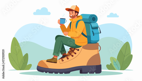 Happy hiker enjoying coffee break, sitting in oversized boot, surrounded by nature and greenery