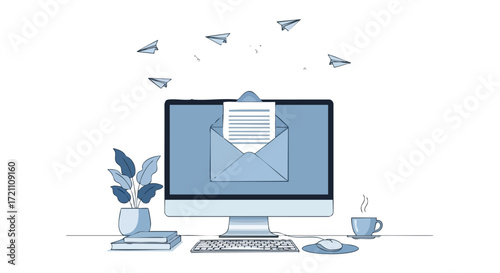 Modern computer sending emails with paper airplanes for creative marketing or email campaigns in a minimalist office workspace with plant and coffee