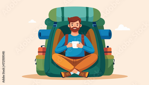 Adventurous Hiker Relaxing Inside a Backpack with a Cup of Coffee