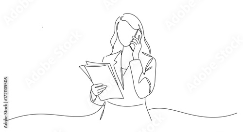 This illustration depicts a woman in a suit, holding a cell phone to her ear and reading some documents. It features an abstract and minimalist design, giving the impression that it was drawn with a s