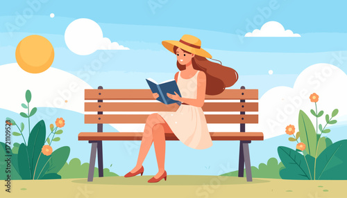 Woman Reading Book on Bench Serene Day in Park, Enjoying Leisure & Relaxation in the Outdoors