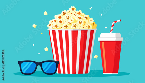 Enjoying Movie Night Popcorn, Soda, and 3D Glasses on a Teal Background