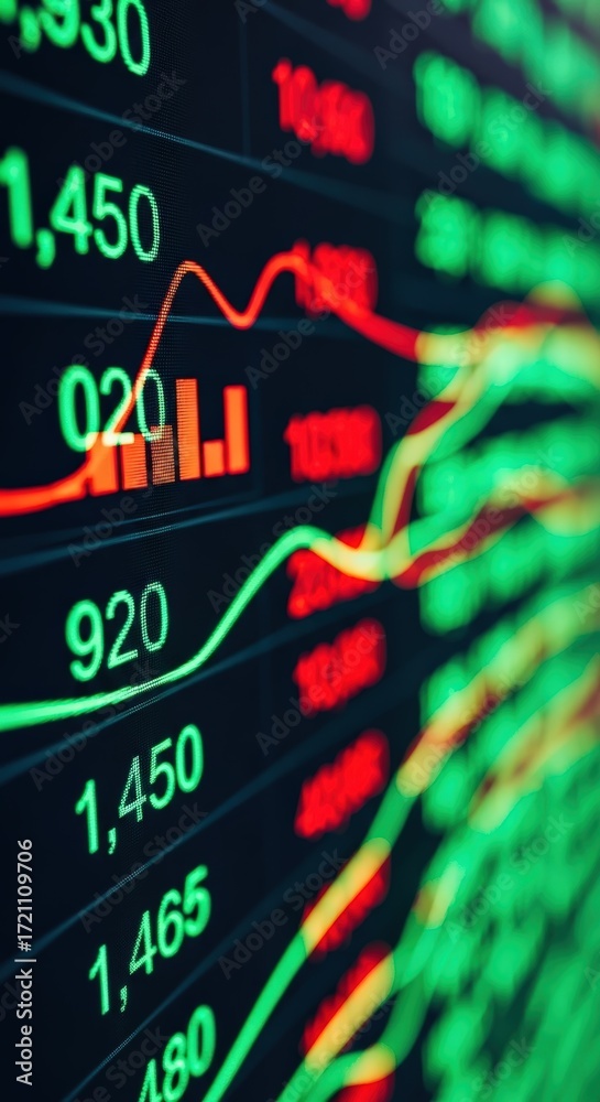 Obraz premium Close-up view of a stock market display showing fluctuating financial data.